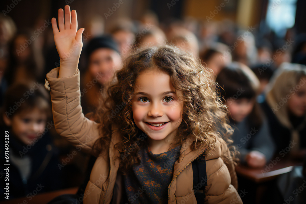 Young student girl raising hand in classroom with teacher in front of class
