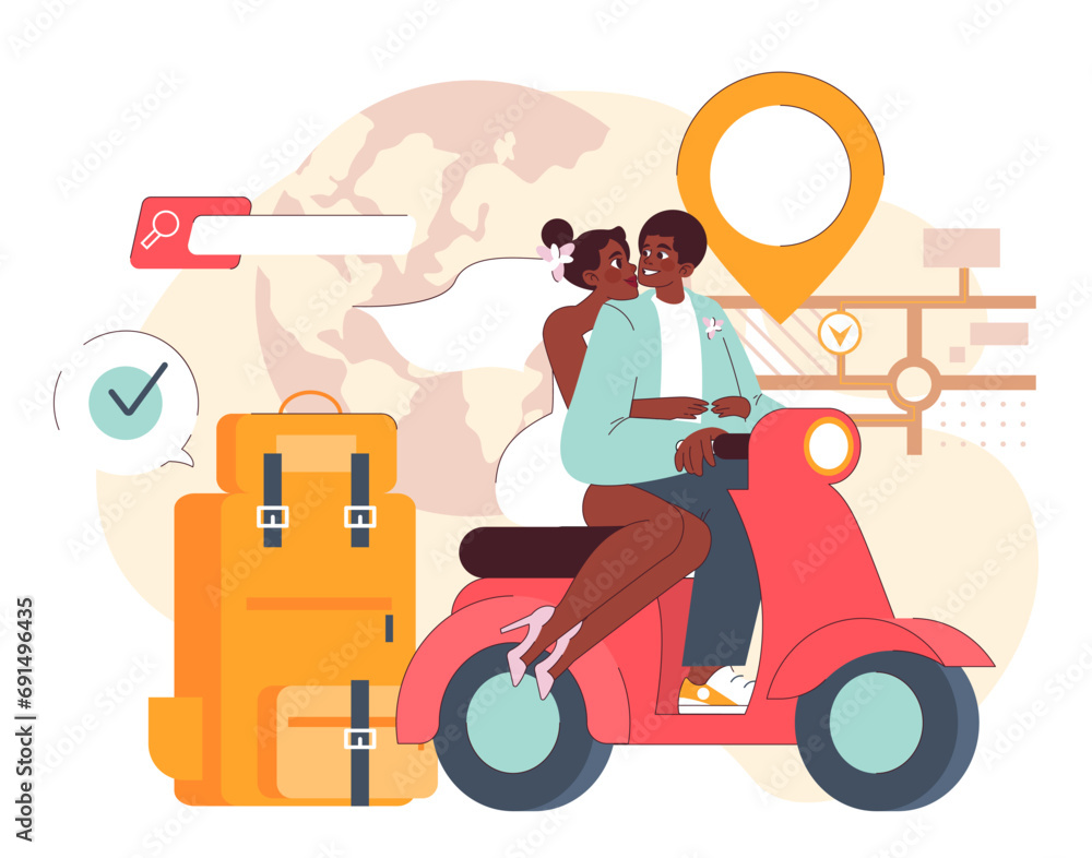 Honeymoon concept. Newlywed couple embarks on their romantic journey, riding a scooter against a global backdrop. Destination marked. Celebrating love. Flat vector illustration.