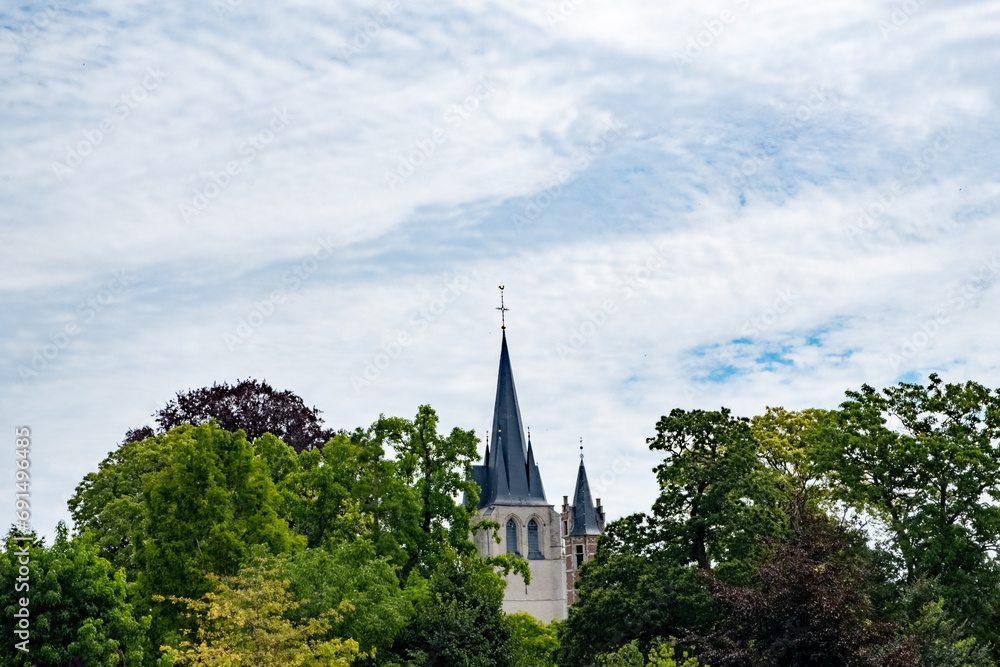 This image captures the majestic spire of a church in Mechelen, gracefully piercing the sky. The church tower, with its Gothic architectural elements, stands as a silent guardian over the lush green This image captures the majestic spire of a church in Mechelen, gracefully piercing the sky. The church tower, with its Gothic architectural elements, stands as a silent guardian over the lush green