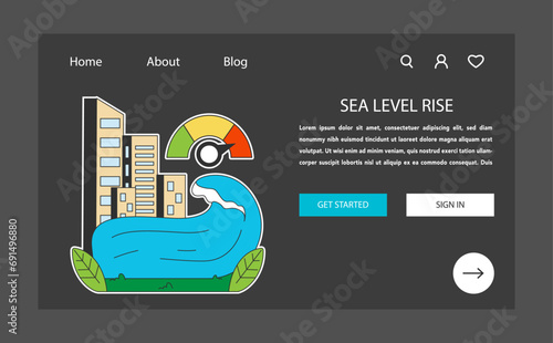 Climate change web banner or landing page dark or night mode. Planet temperature and sea level rising due to CO2 emissions. Nature preservation measures. Sustainability goal. Flat vector illustration