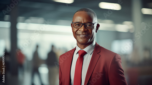 Successful CEO standing in an office. Portrait of a cheerful black businessman. AI generated.