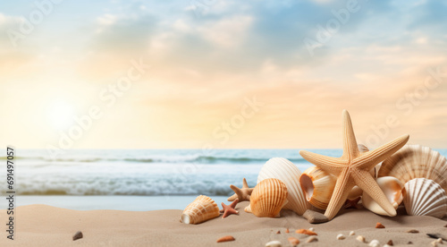 sea shells and starfish on the beach