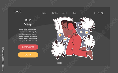 REM or rapid eye movement sleep stage dark or night mode web, landing. Woman in her pajamas sleeping during the night. Dreaming female character with sheep around. Flat vector illustration.