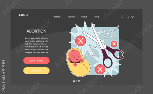 Abortion web or landing. Pregnancy termination. Reproductive health decisions. Mother choice to cancel unborn child with gynecology surgery. Flat vector illustration.
