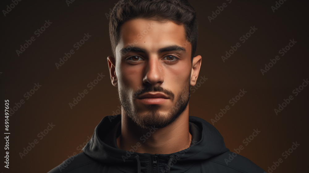 Handsome man studio portrait. Confident serious look. AI generated