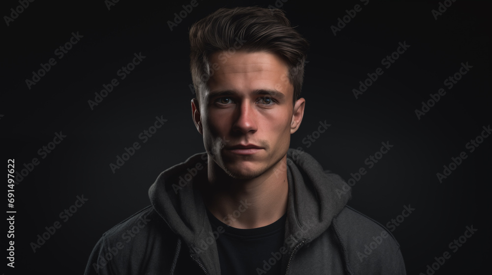 Handsome man studio portrait. Confident serious look. AI generated