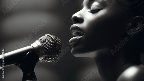 Black singer in front of a microphone