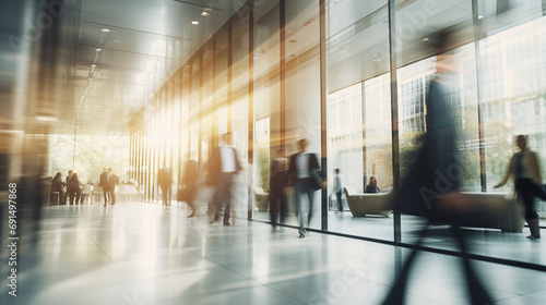 People walking in the glassed and sunny office