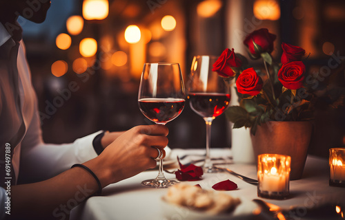 Man's hands holding hands of girl on restaurant table day light with two red wine glasses and red roses flower over white blurred cafe background photo