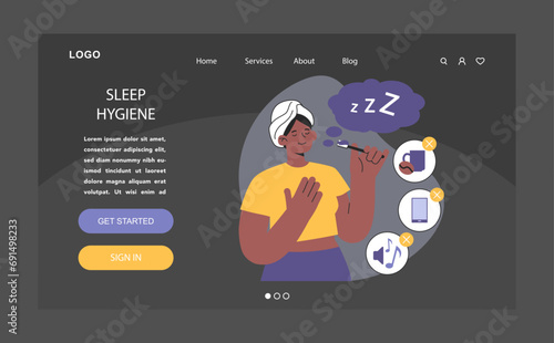 Sleep hygiene dark or night mode web, landing. Sleep routine. Peaceful woman getting ready for the night, rejecting caffeine, blue screen and loud noises to prevent insomnia. Flat vector illustration.