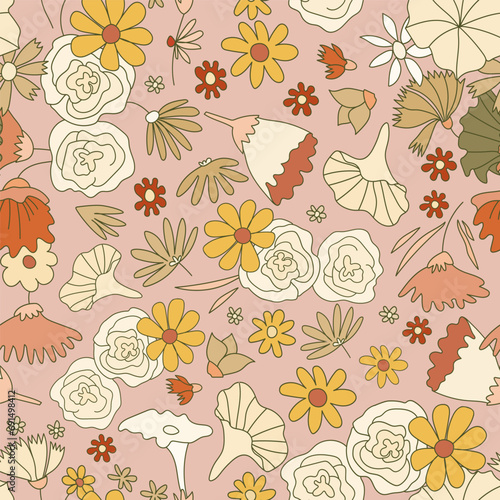 Floral pattern on a pale pink base. Earthy, warm colour palette, scattered composition.