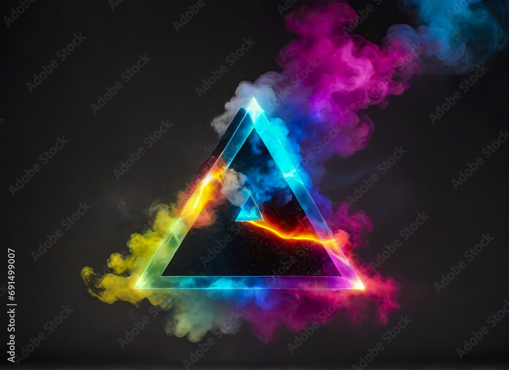 A futuristic triangle with colored smoke. Dark background. AI	
