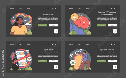 Dopamine fasting theme set. Illustrating mental health awareness, digital detoxification, and addiction challenges. Highlights self-care through positive habits. Flat vector illustration.
