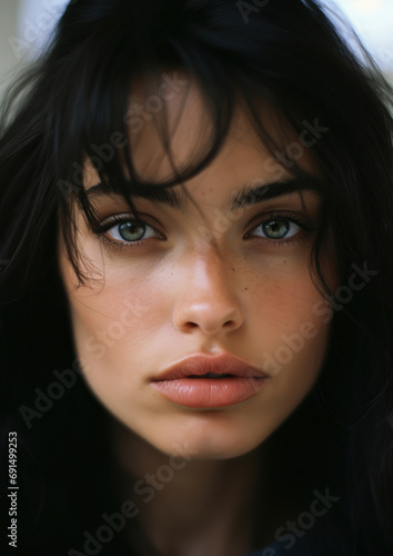 Close up portrait of beautiful woman with black hair. generative ai 