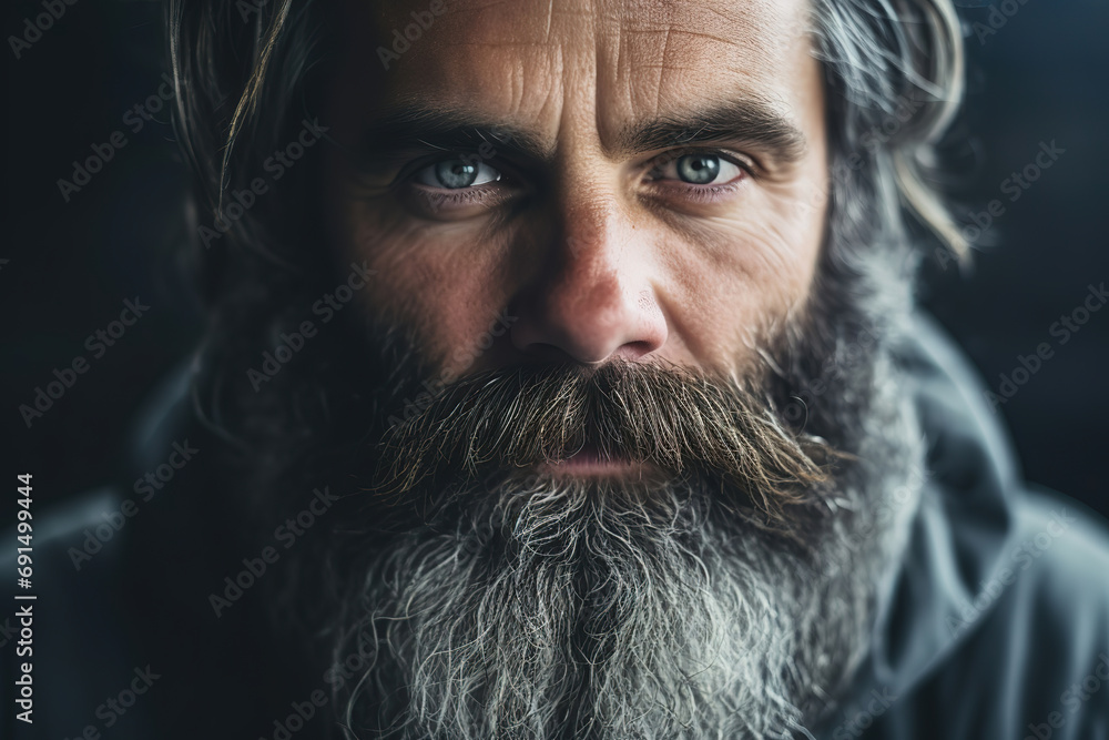 Close up portrait serious Caucasian male hipster with big gray beard, generative ai 