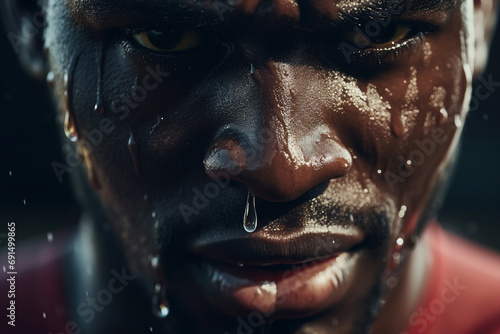 Extreme close-up of an athlete with sweat running down his face  generative ai 