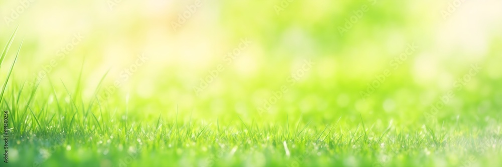 Green grass in the morning. Beautiful grass with defocused blur backkground banner.