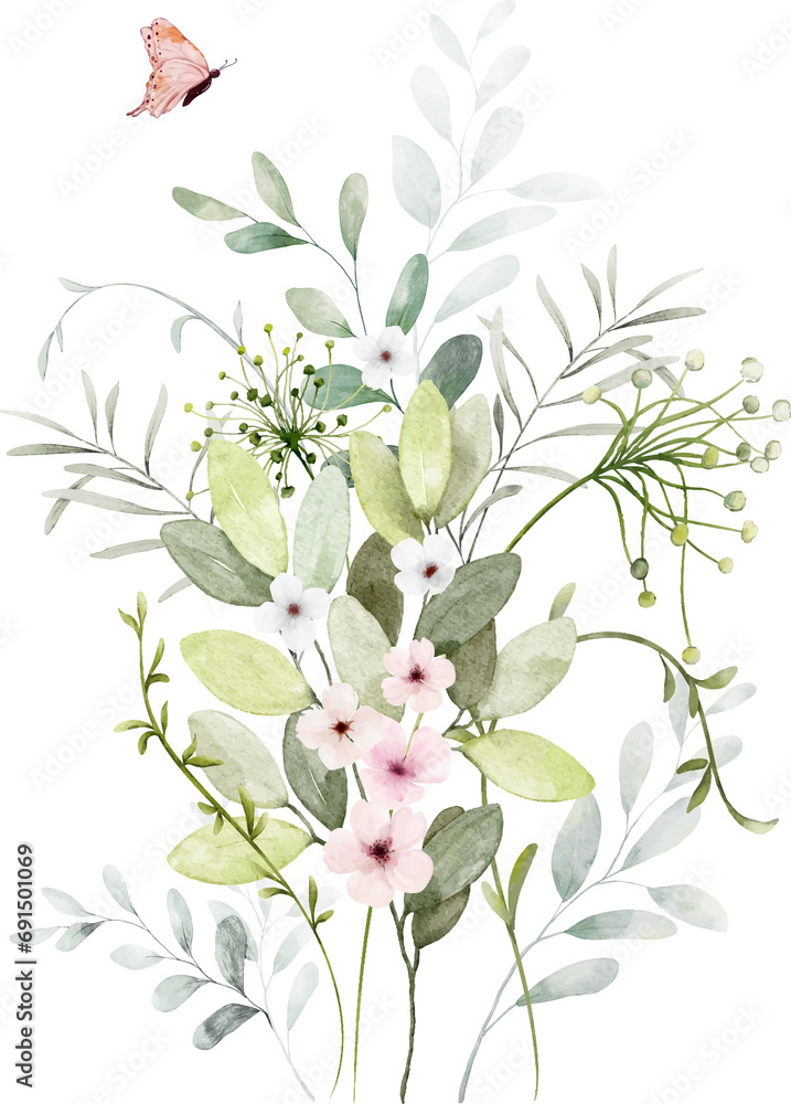 Fototapeta premium Watercolor Floral Branch and Butterfly