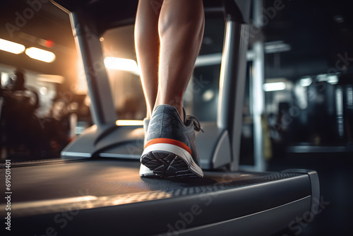 Close up foot sneakers Fitness girl running on track treadmill, muscular male legs in exercise gym