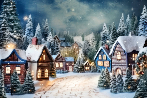 Vintage Christmas card with a small snowy town at night, snowfall and light in the windows