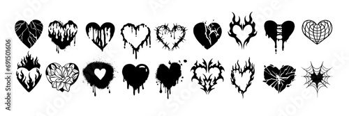 Heart tattoo gothic set, graffiti rock flame shape kit, vector u2k abstract love logo concept. Valentine punk retro sticker collection, neotribal web goth decoration. Dripping heart tattoo prints photo