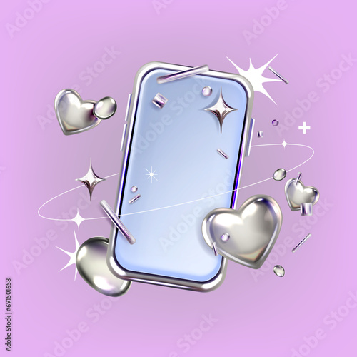 Y2k 3D smartphone confetti banner, chrome vector cellphone screen advertisement flyer, heart, stars. Valentine’s Day glossy futuristic aesthetic holiday background, empty display. Metal 3D smartphone