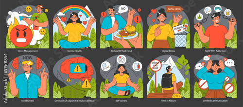 Dopamine fasting set. Techniques for mental rejuvenation and addiction combat. Mindful lifestyle changes promoting health. Flat vector illustration.