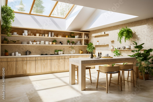 The interior of this beautiful kitchen is a harmonious combination of original wooden furniture  modern equipment and a large window.