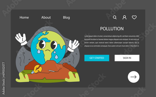 Pollution night or dark mode web banner or landing page. Contamination with waste. Sad crying Earth drowning in the waste reaching out for help. Environmental degradation. Flat vector illustration