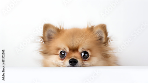 playfully peeking Pomeranian dog isolated on a white background. Only its curious eyes and the tip of its nose visible.