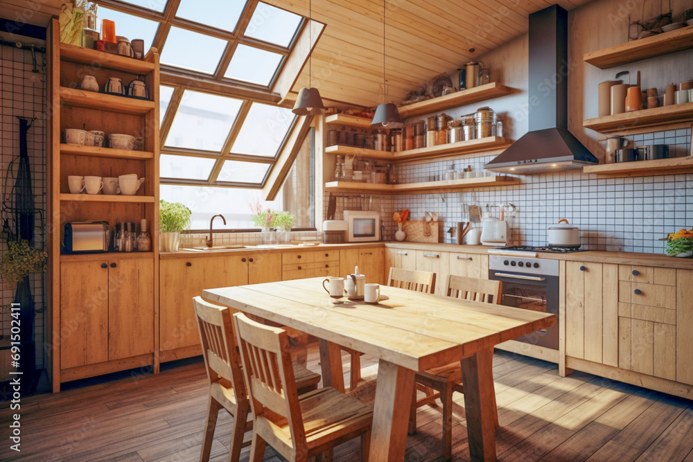 A modern kitchen with an original design in Scandinavian style attracts attention with beautiful wooden furniture of natural colors and pots with green plants on the windowsill.