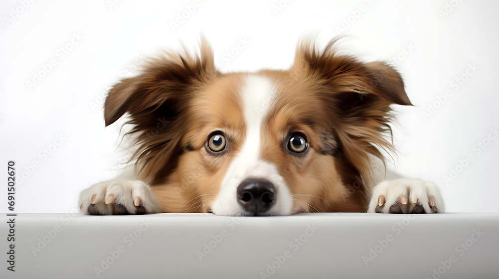 playfully peeking dog isolated on a white background. Only its curious eyes and the tip of its nose visible.