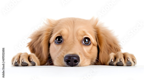 playfully peeking dog Golden Retriever, isolated on a white background. Only its curious eyes and the tip of its nose visible.