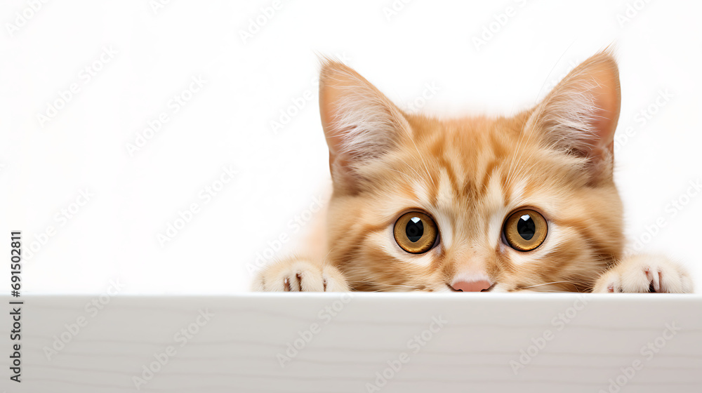 portrait of a cat with white background - playfully peeking Kitten isolated on a white background. Only its curious eyes and the tip of its nose visible. portrait of a cat with white background - playfully peeking Kitten isolated on a white background. Only its curious eyes and the tip of its nose visible.