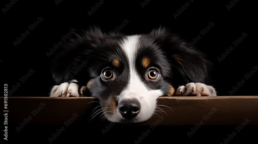 playfully peeking dog isolated on a black background. Only its curious eyes and the tip of its nose visible.