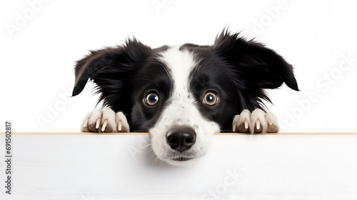 playfully peeking dog Shetland Sheepdog isolated on a white background. Only its curious eyes and the tip of its nose visible.