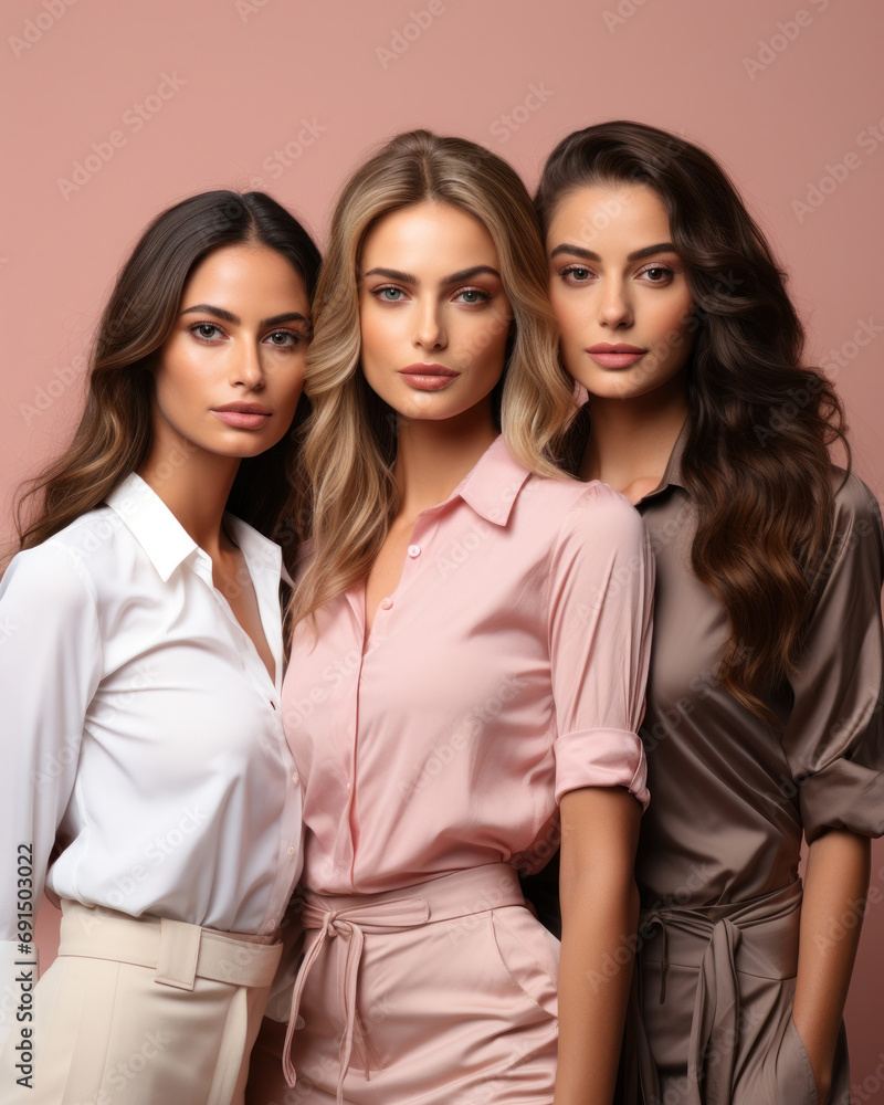 Three models displaying soft-colored fashion ensembles, creating an image of elegance and composure Three models displaying soft-colored fashion ensembles, creating an image of elegance and composure