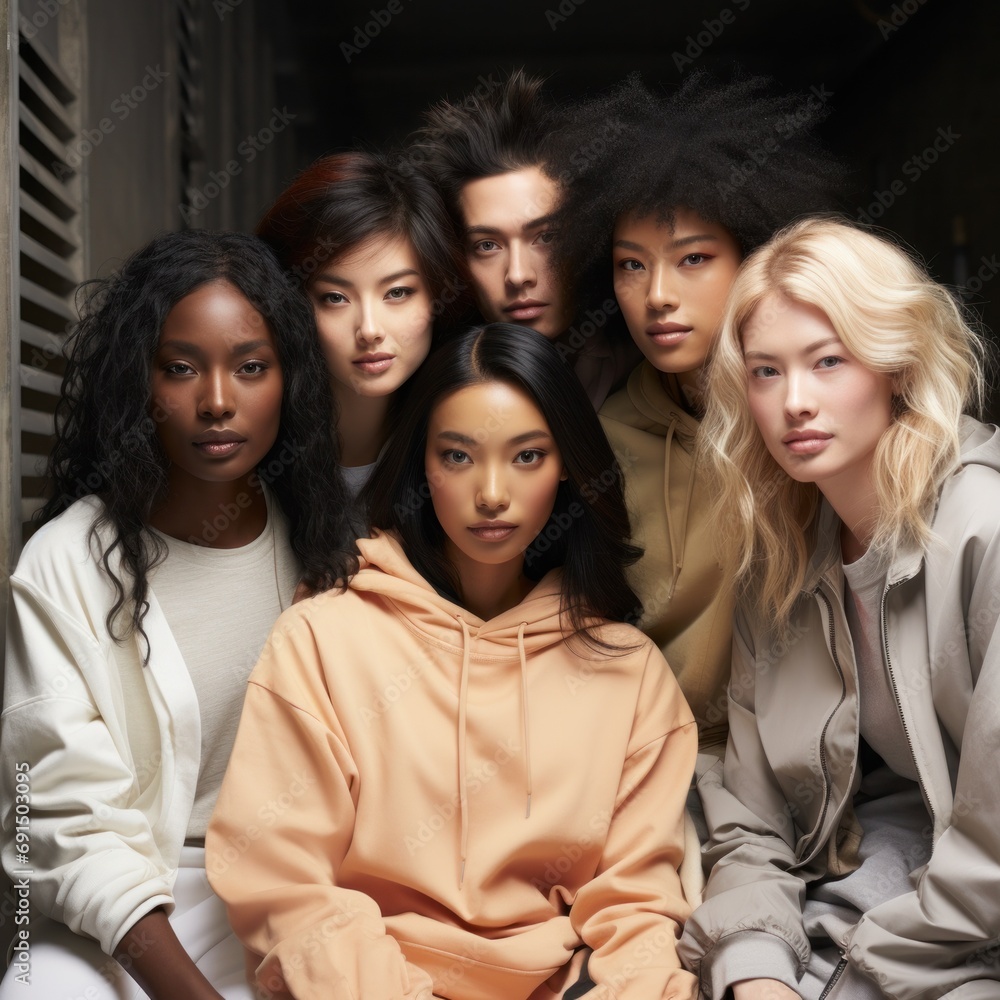 A joyful group of diverse friends, clad in trendy clothing and flashing radiant smiles, gather together indoors to capture a moment of enduring friendship in a single snapshot A joyful group of diverse friends, clad in trendy clothing and flashing radiant smiles, gather together indoors to capture a moment of enduring friendship in a single snapshot
