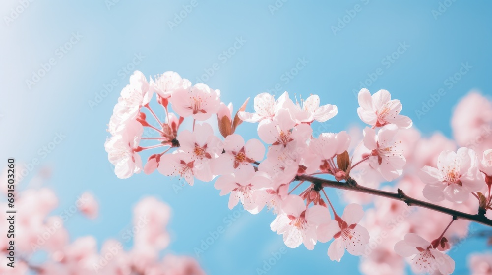 A delicate pink canopy of sakura petals dances against a clear blue sky, ushering in the arrival of spring and the promise of new beginnings A delicate pink canopy of sakura petals dances against a clear blue sky, ushering in the arrival of spring and the promise of new beginnings
