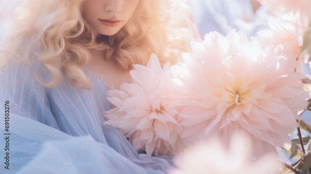 A woman in a stunning wedding dress adorned with a delicate pink flower stands gracefully outdoors, radiating beauty and love A woman in a stunning wedding dress adorned with a delicate pink flower stands gracefully outdoors, radiating beauty and love