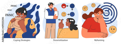 Overcoming fears set. Characters confronting fears with desensitization, reframing and exposure strategy. Psychological resilience with affirmations and visualization therapy. Flat vector illustration