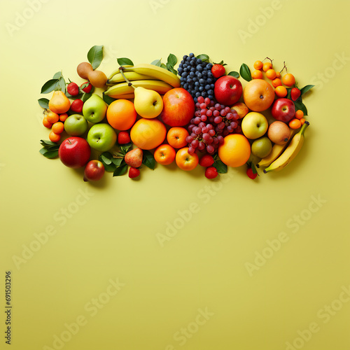 Multiple tropical fruits isolated on a solid colorful background. Copyspace illustration that allows to insert content