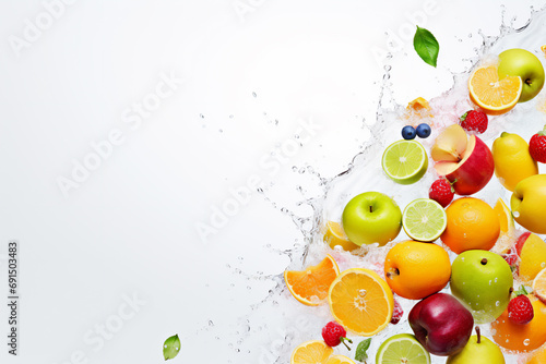Multiple tropical fruits in water splash isolated on a solid colorful background. Copyspace illustration that allows to insert content