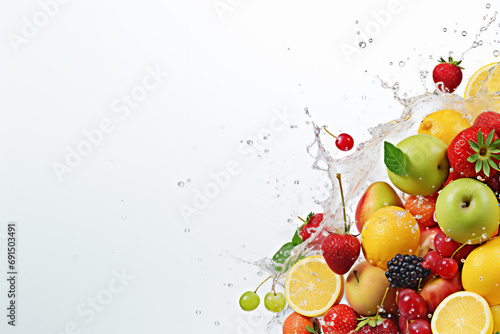 Multiple tropical fruits in water splash isolated on a solid colorful background. Copyspace illustration that allows to insert content