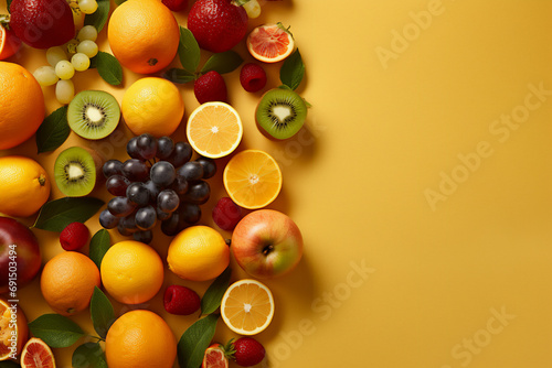 Multiple tropical fruits isolated on a solid colorful background. Copyspace illustration that allows to insert content