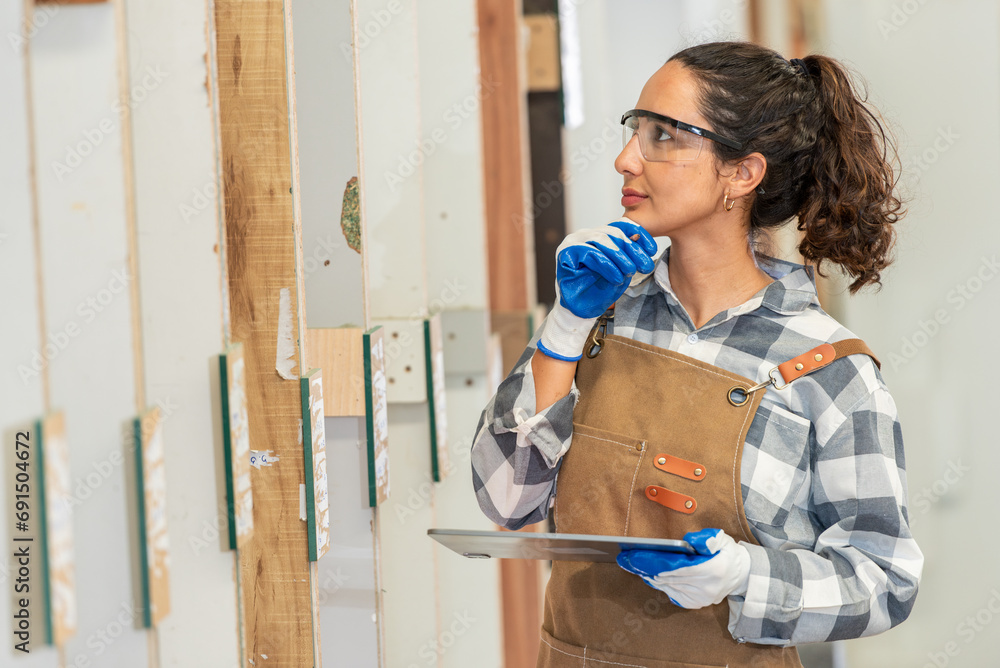 Carpenter woman one smile young aged standing aim working on wood plank
