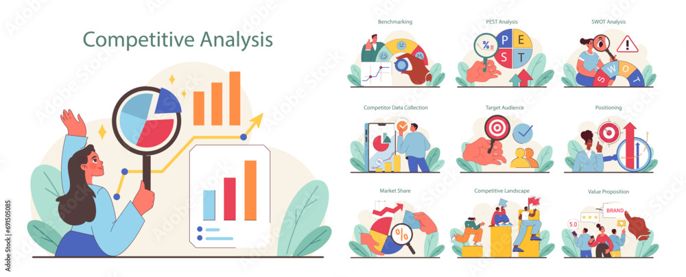 Competitive Analysis concept. Business strategy evaluation with charts and data. Market positioning, audience targeting, and value proposition. Flat vector illustration Competitive Analysis concept. Business strategy evaluation with charts and data. Market positioning, audience targeting, and value proposition. Flat vector illustration