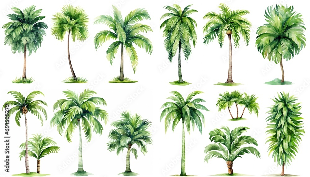 watercolor style illustration of tropical palm tree, collection set isolated on white background, Generative Ai - obrazy, fototapety, plakaty 