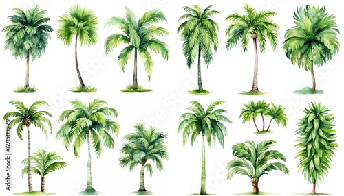 watercolor style illustration of tropical palm tree, collection set isolated on white background, Generative Ai photo