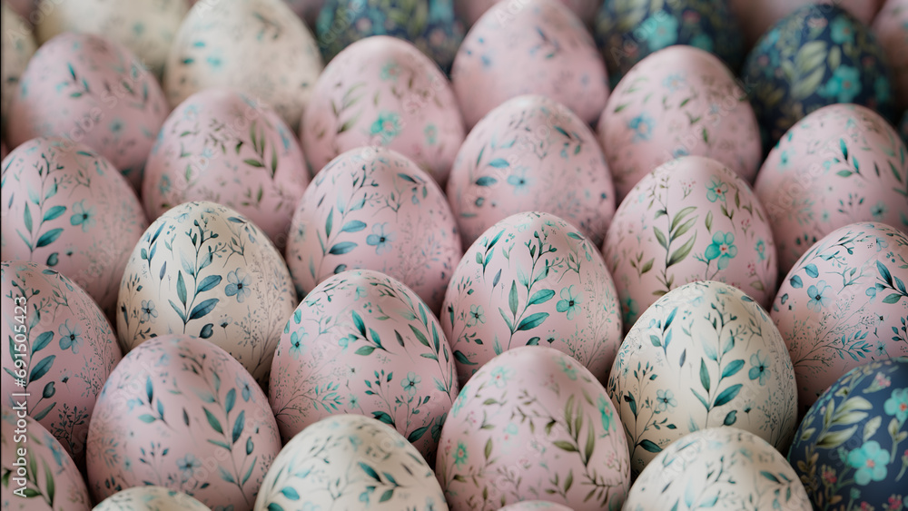 Collection of Neatly arranged Eggs with Floral Patterns. Pink and Blue Easter Background. Collection of Neatly arranged Eggs with Floral Patterns. Pink and Blue Easter Background.